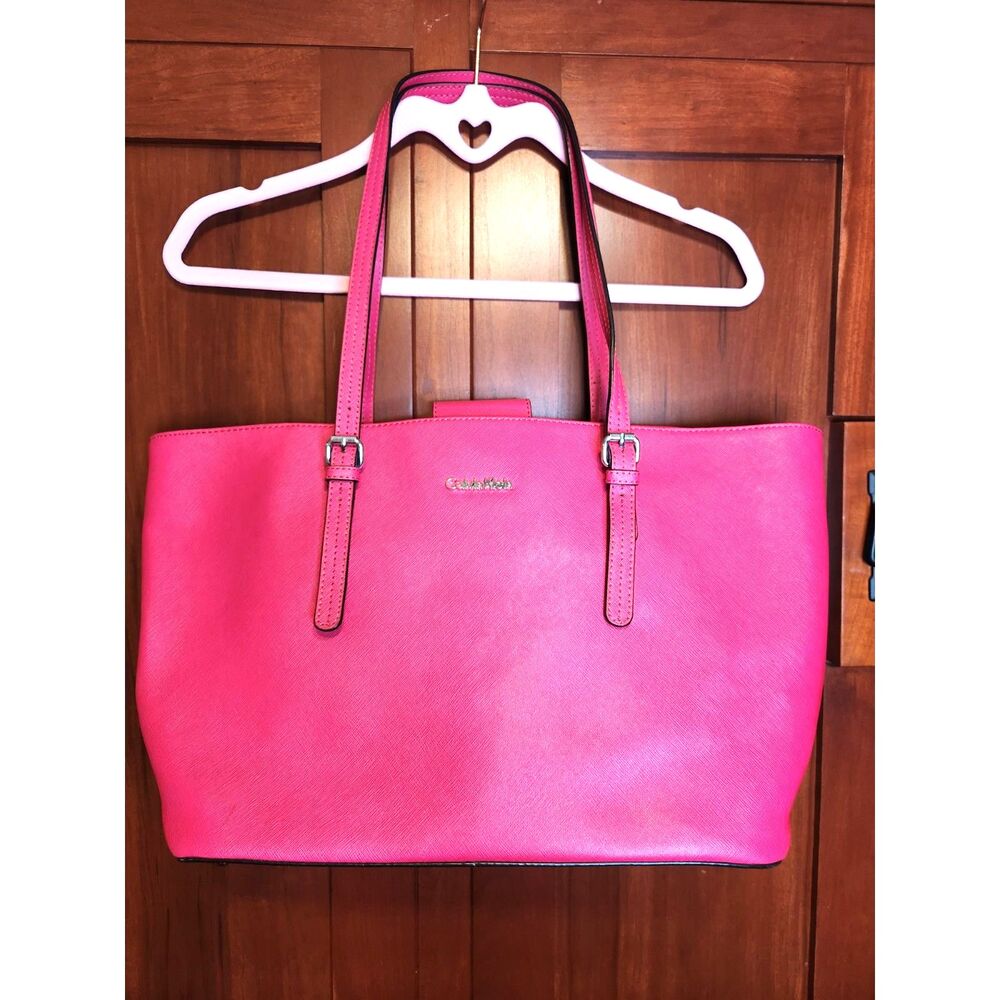 Calvin Klein Hot Pink Saffiano Leather Tote Bag w/ Buckle Shoulder Straps